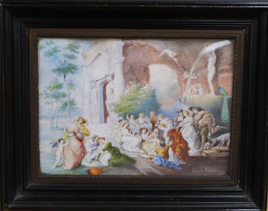 After Rubens, circa 1900, watercolour on ivory, Figures beside a fountain, 9 x 12.5cm